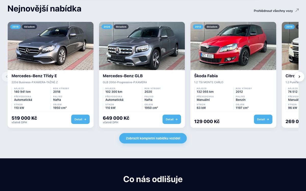 Web autobazaru UNIT CARS: vyhledávání vozů a přehled nabídky