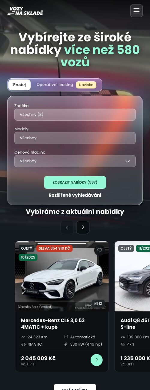 Web autobazaru v mobilu: vyhledávání a nabídka vozů načtená ze systému prodejce